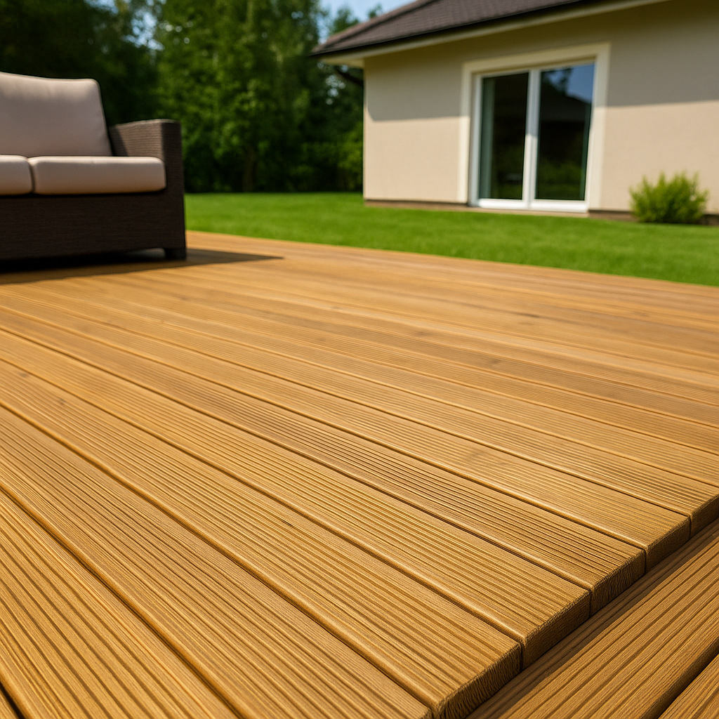 Dřevěná terasa s pergolou a zahradou